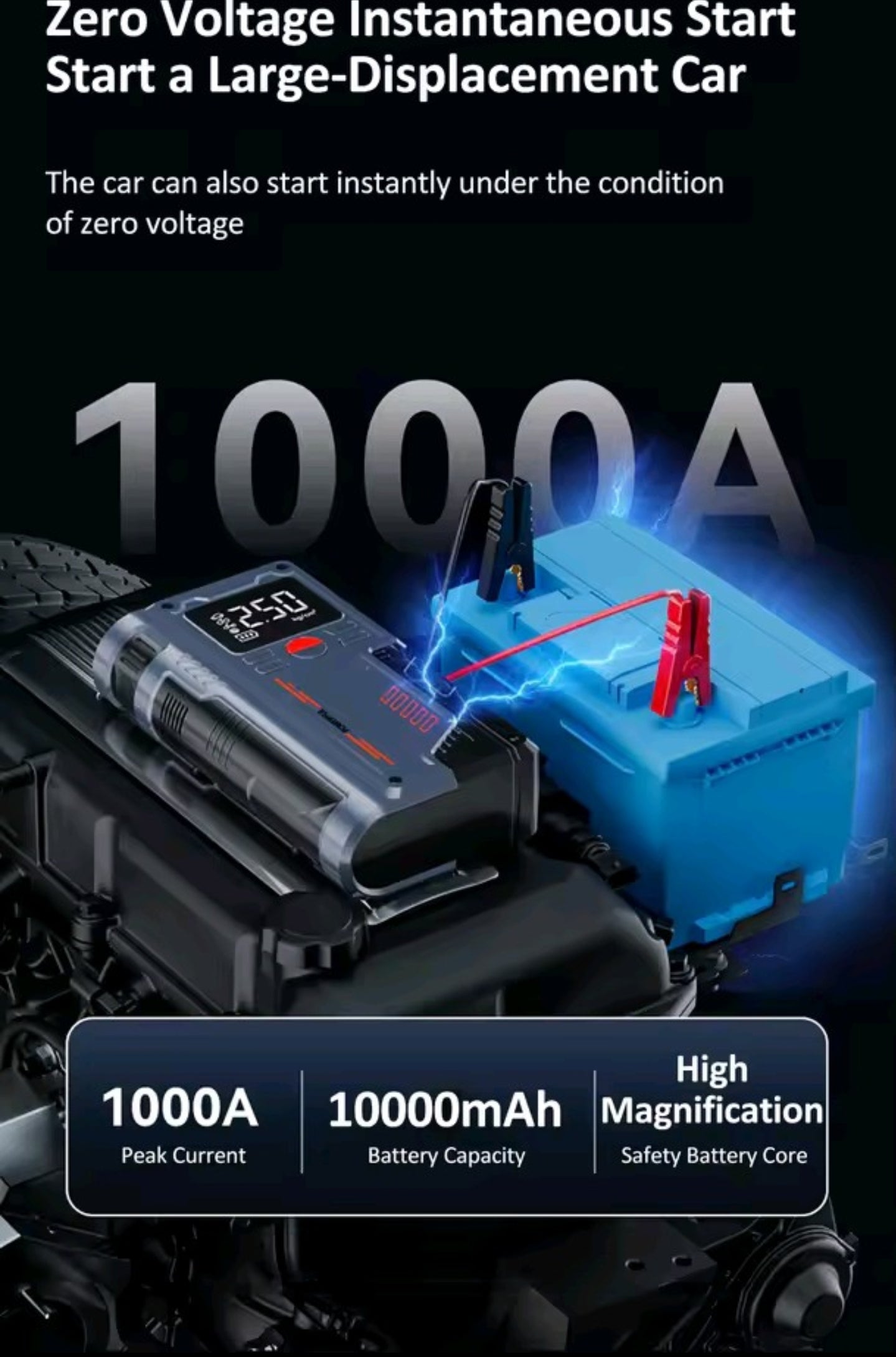 Portable Jump Starter with Air Compressor Car Emergency Starting Power Supply 150PSI Car Air Pump All-In-One Machine Fast Inflation with LED Lighting