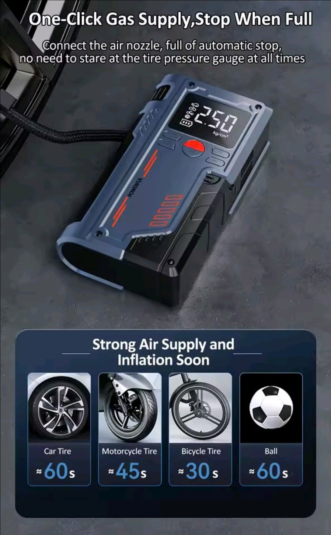Portable Jump Starter with Air Compressor Car Emergency Starting Power Supply 150PSI Car Air Pump All-In-One Machine Fast Inflation with LED Lighting